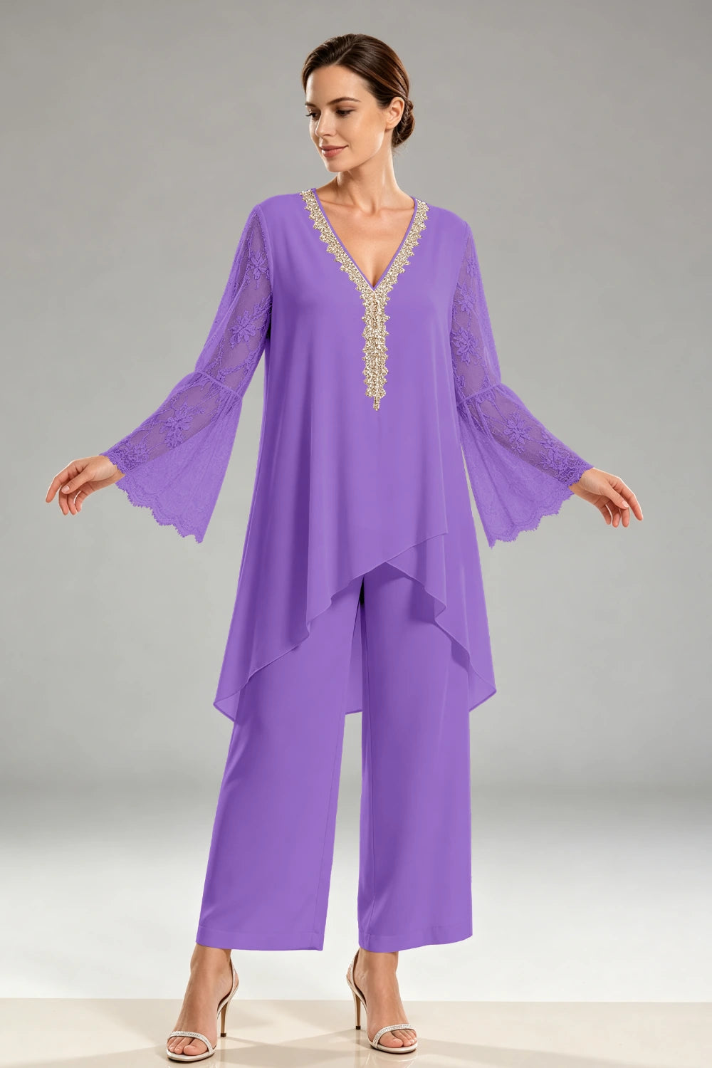 Ivory Beaded Lace V Neck Chiffon Pant Suit