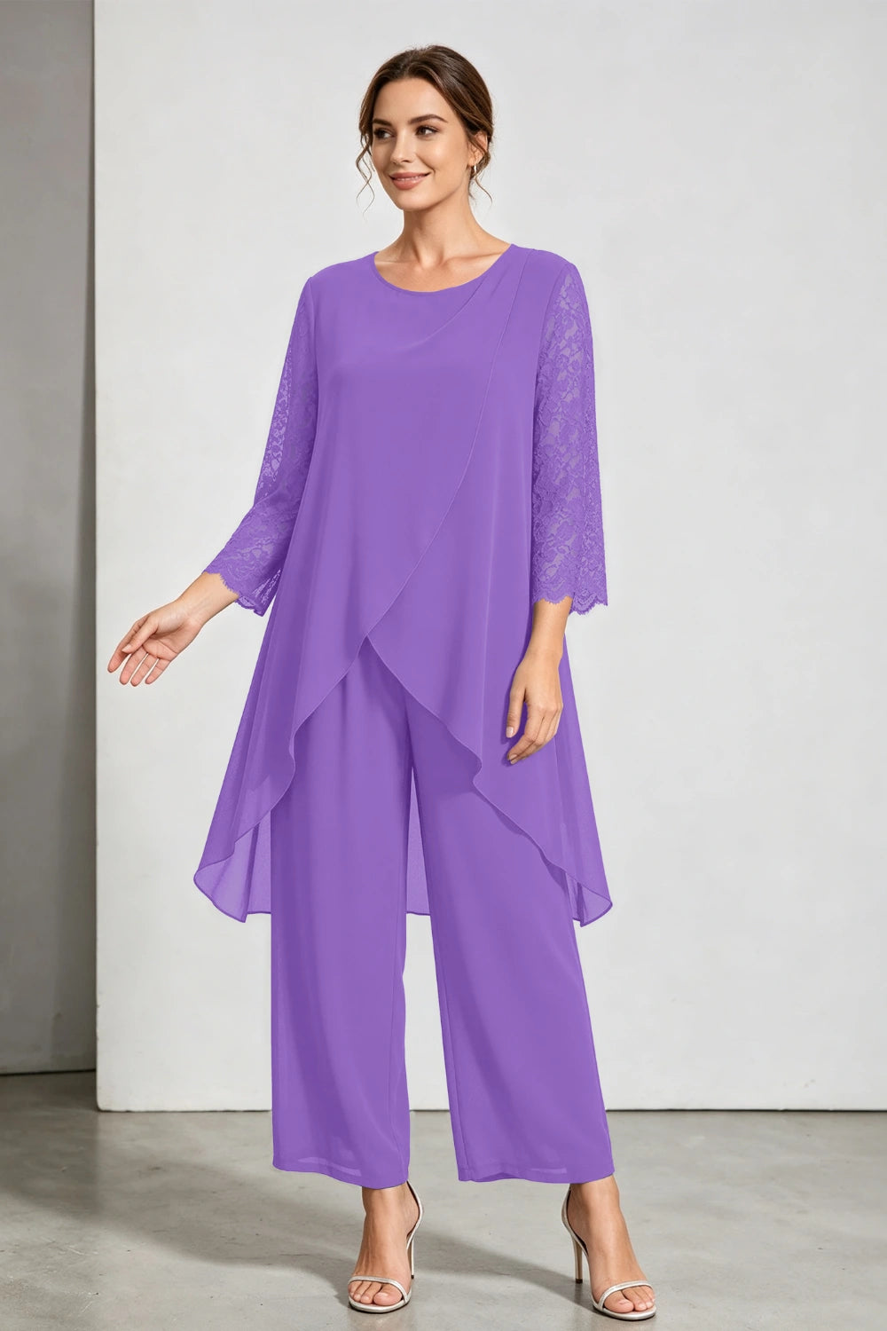 Peacock Blue Scoop Neck Tiered Chiffon Pant Suit