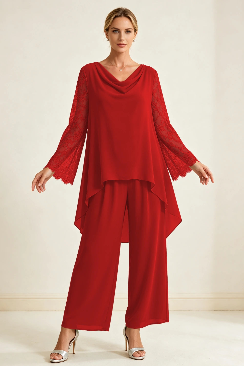 Dusty Sage Beaded Cowl Neck Chiffon Pant Suit