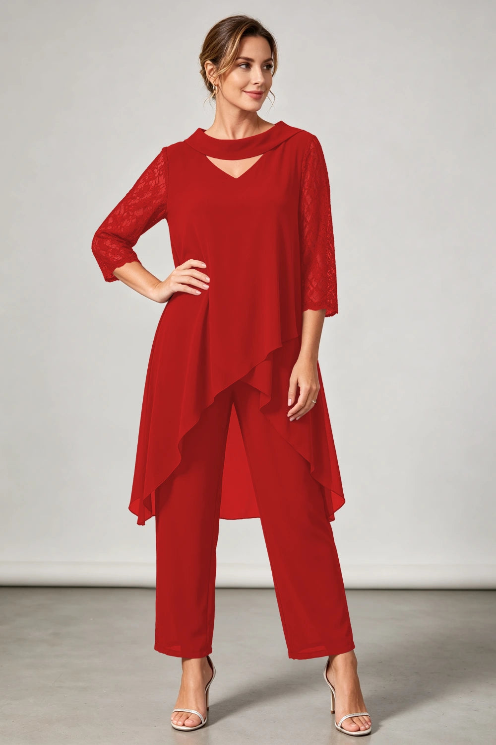 Plum Beaded V Neck Lace Sleeve Chiffon Pant Suit