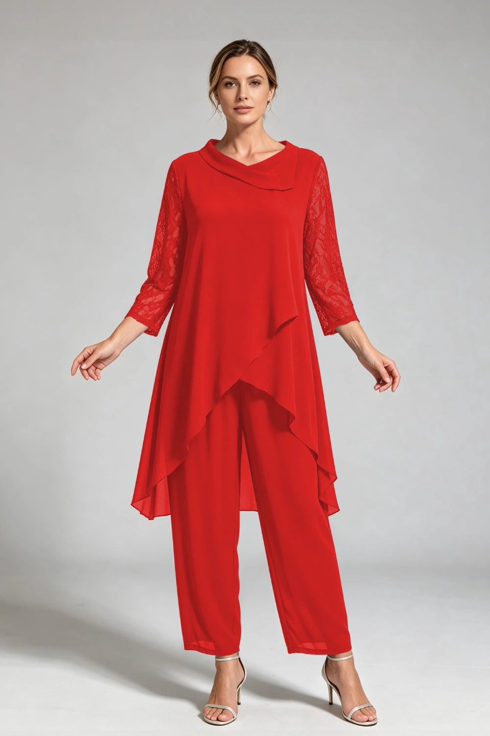 Peacock Blue Cowl Neck Lace Sleeve Chiffon Pant Suit