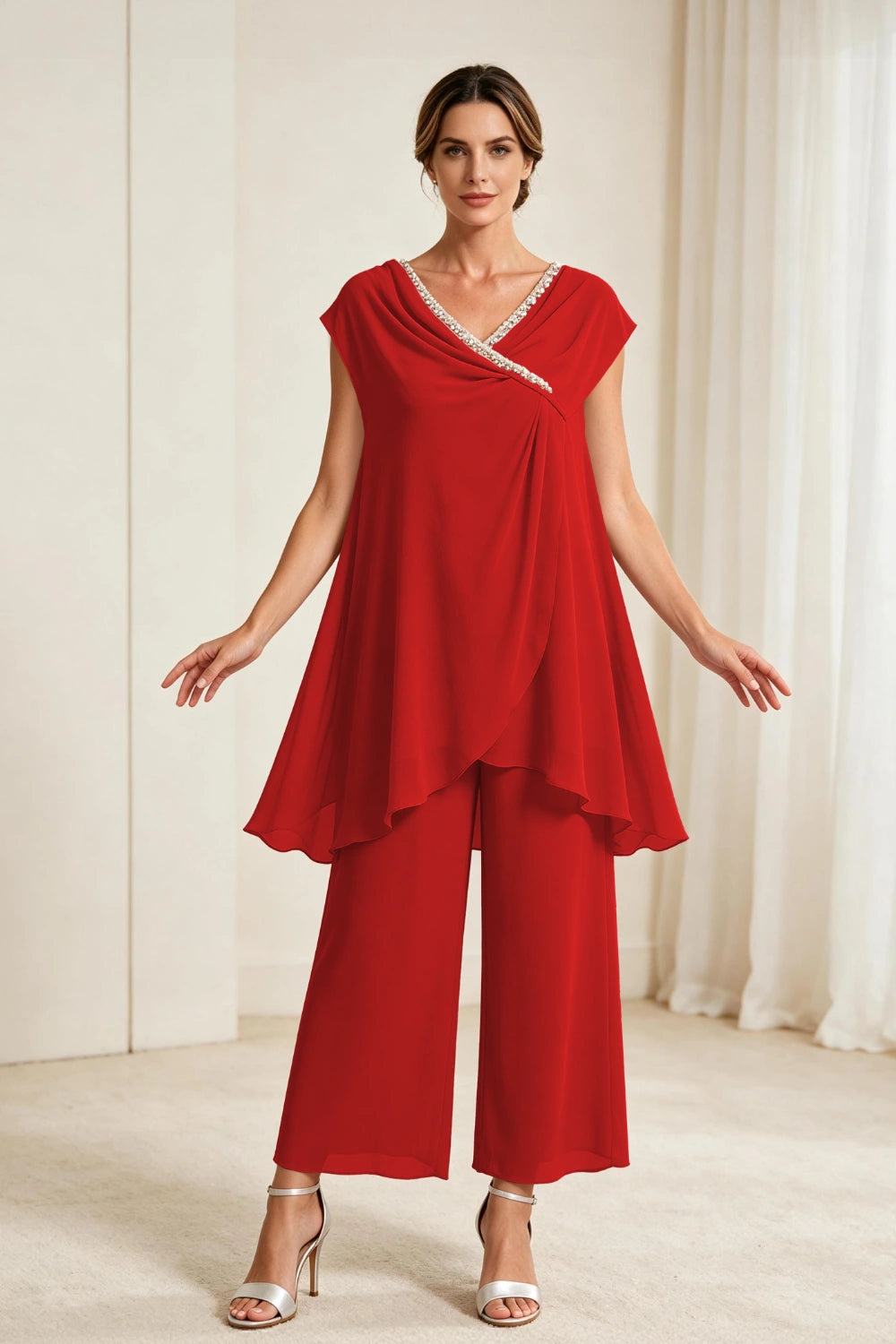 Dusty Rose Draped Asymmetric Chiffon Pant Suit