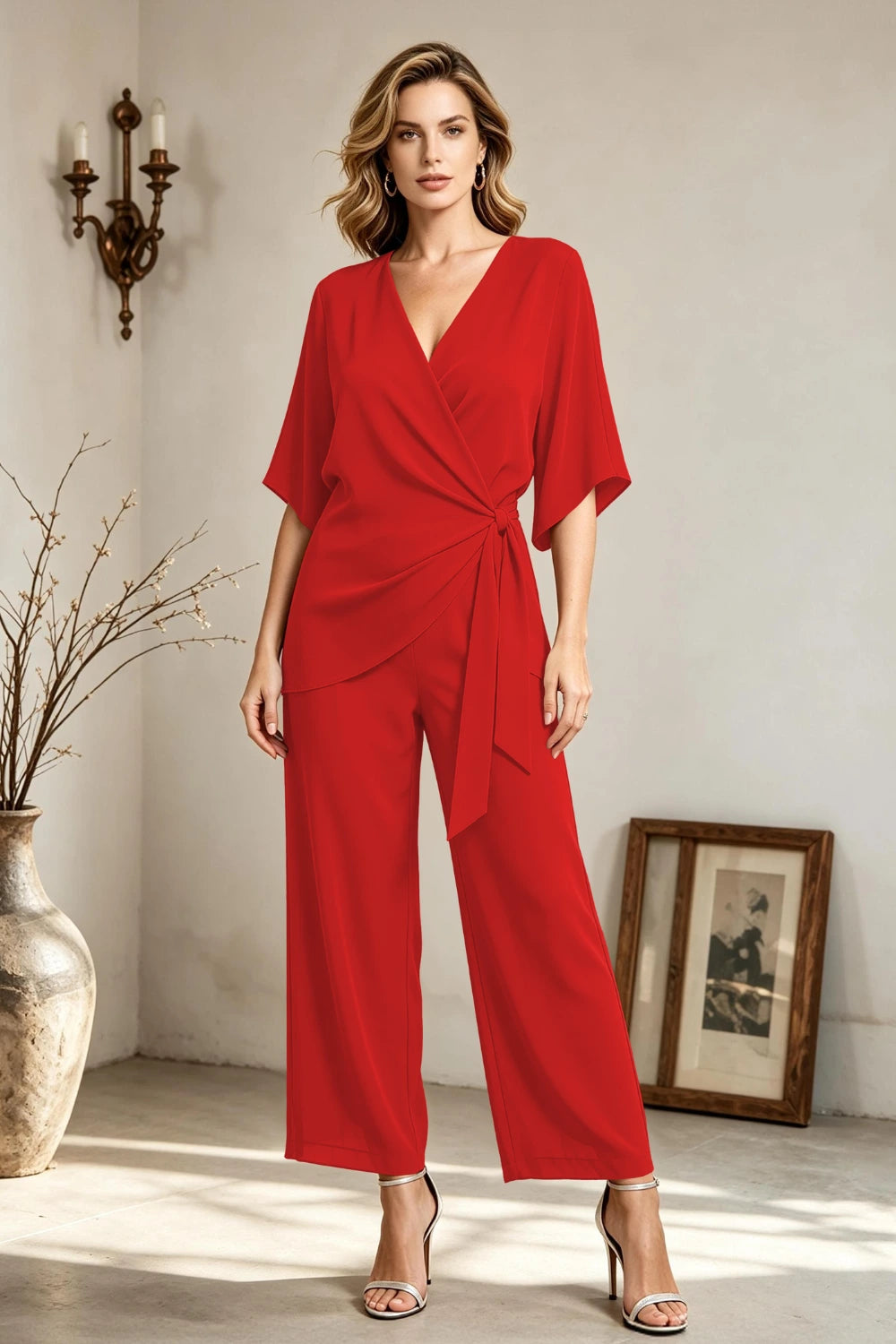 Copper Brown V-Neck Side-Tie Chiffon Pant Suit