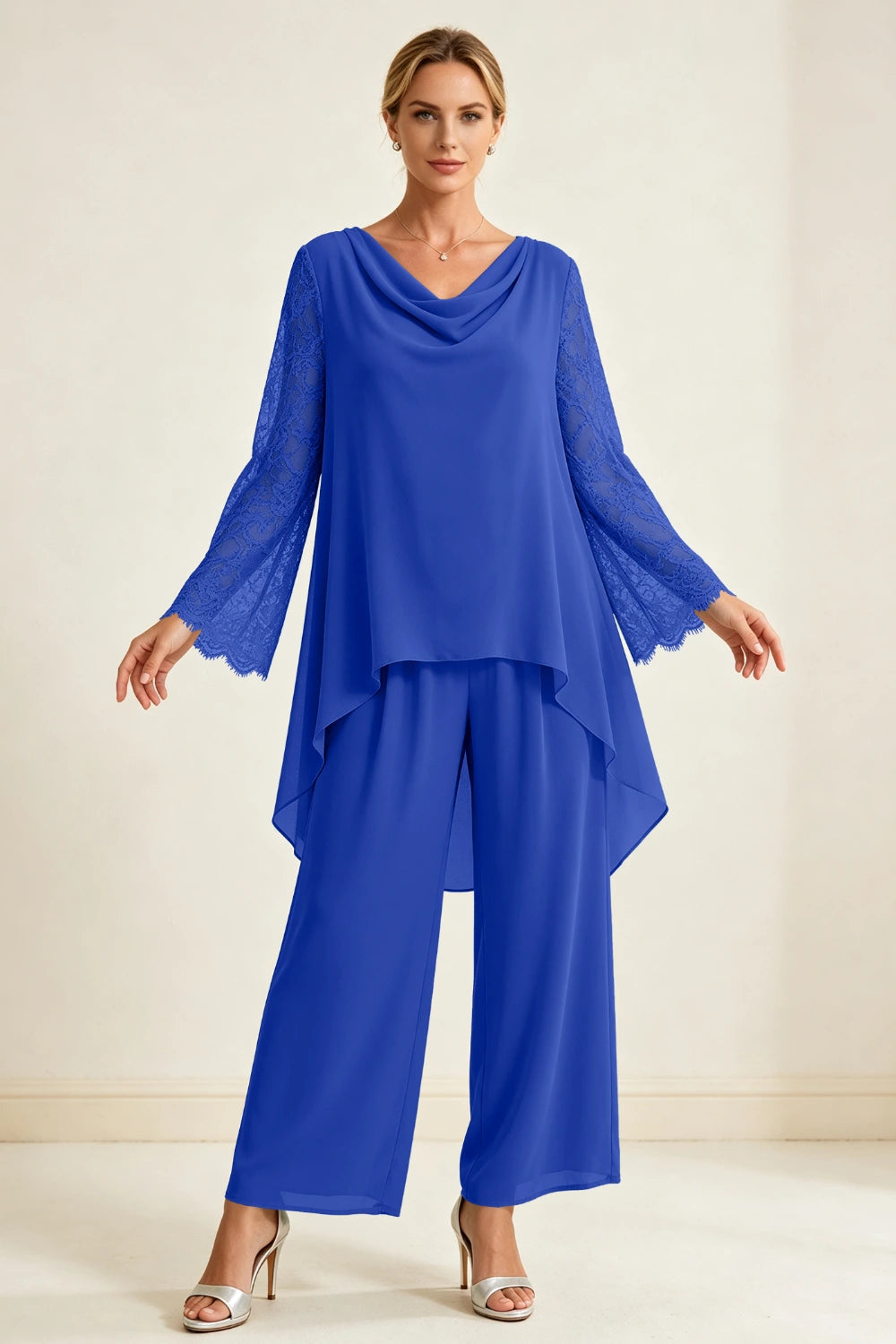 Dusty Sage Beaded Cowl Neck Chiffon Pant Suit