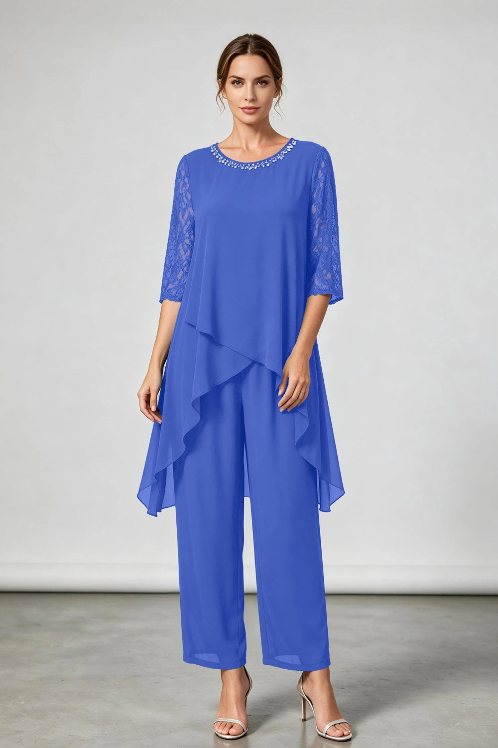 Peacock Blue Beaded-Neck Tiered Chiffon Pant Suit