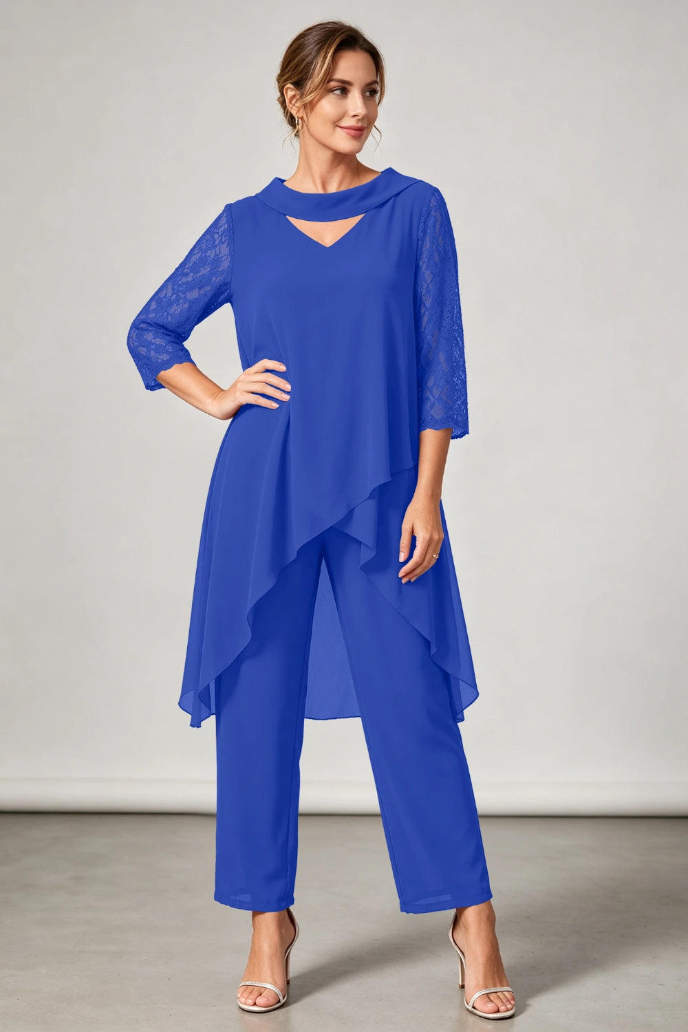 Plum Beaded V Neck Lace Sleeve Chiffon Pant Suit
