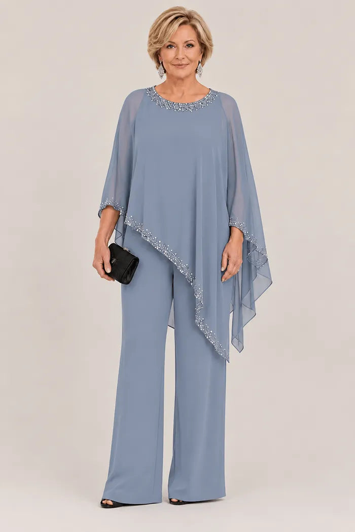 Beaded Chiffon Cape Formal Pant Suit with Wide Legs