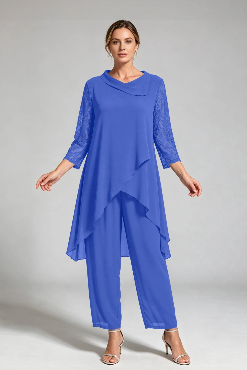 Peacock Blue Cowl Neck Lace Sleeve Chiffon Pant Suit