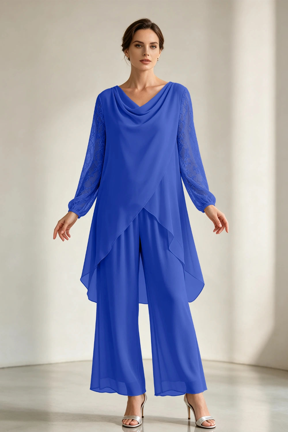 Champagne Draped Cowl Neck Chiffon Pant Suit