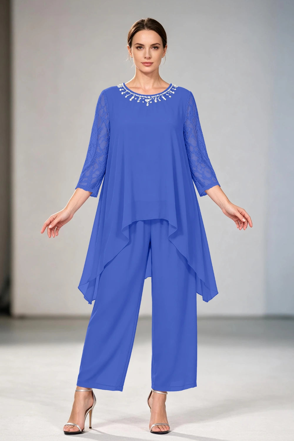 Dusty Lavender Lace-Sleeve Handkerchief-Hem Chiffon Pant Suit