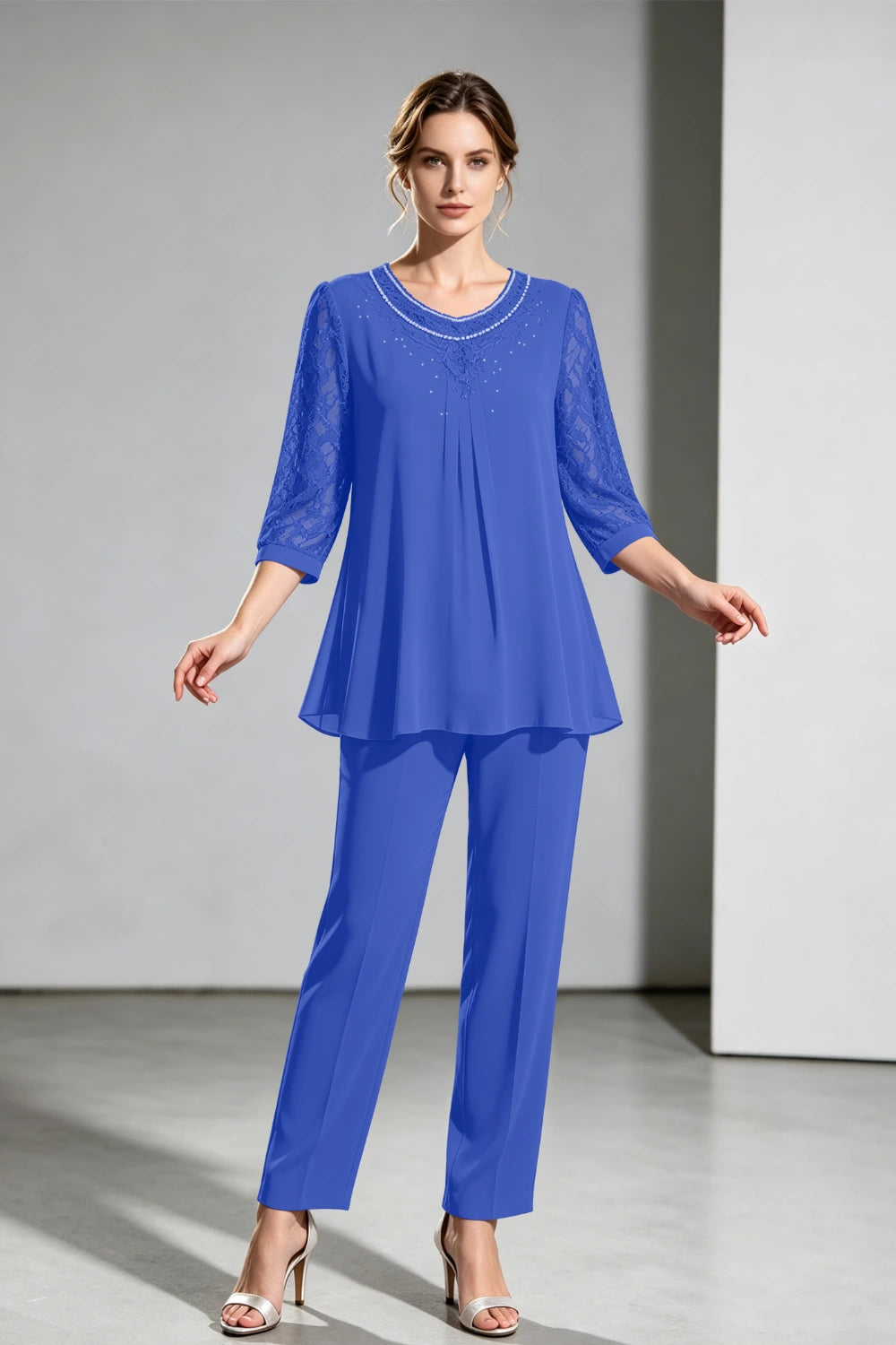 Navy Beaded-Neck Lace-Sleeve Chiffon Pant Suit