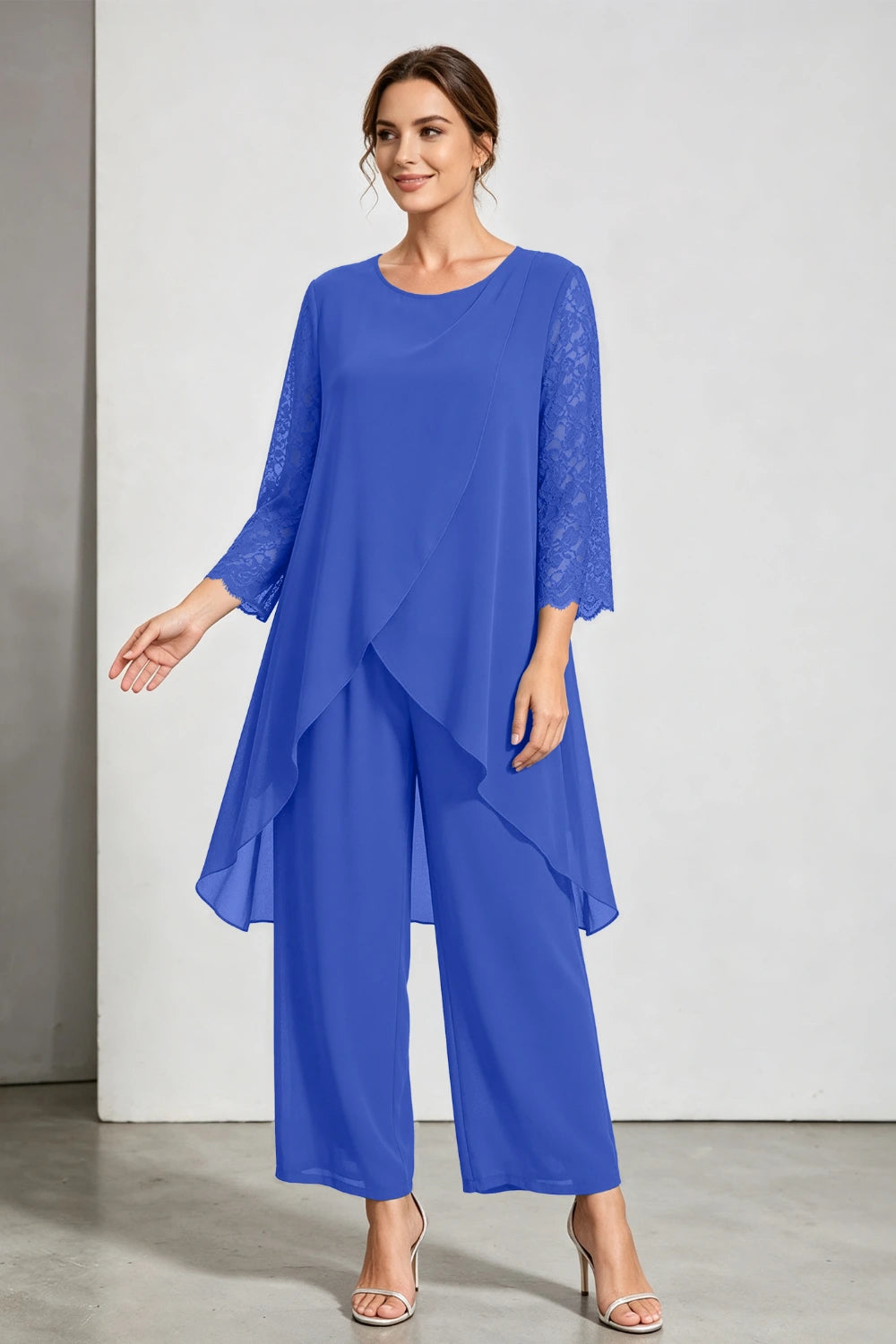 Peacock Blue Scoop Neck Tiered Chiffon Pant Suit