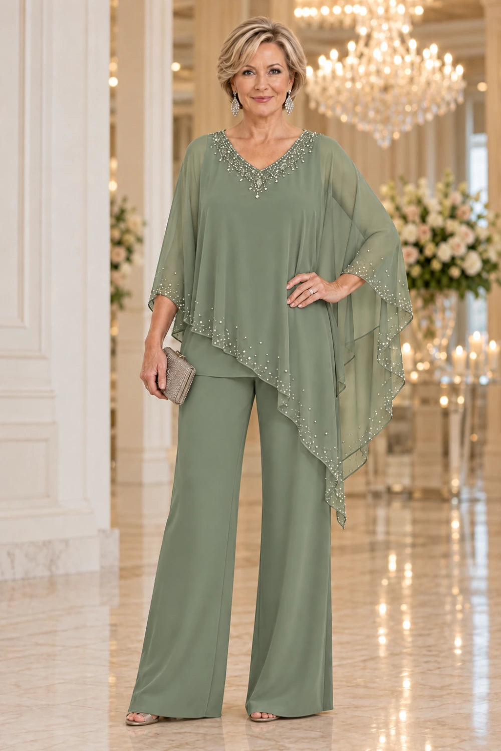 Sage green wide-leg pant suit with a sheer waterfall cape and bright neckline trim, front view.