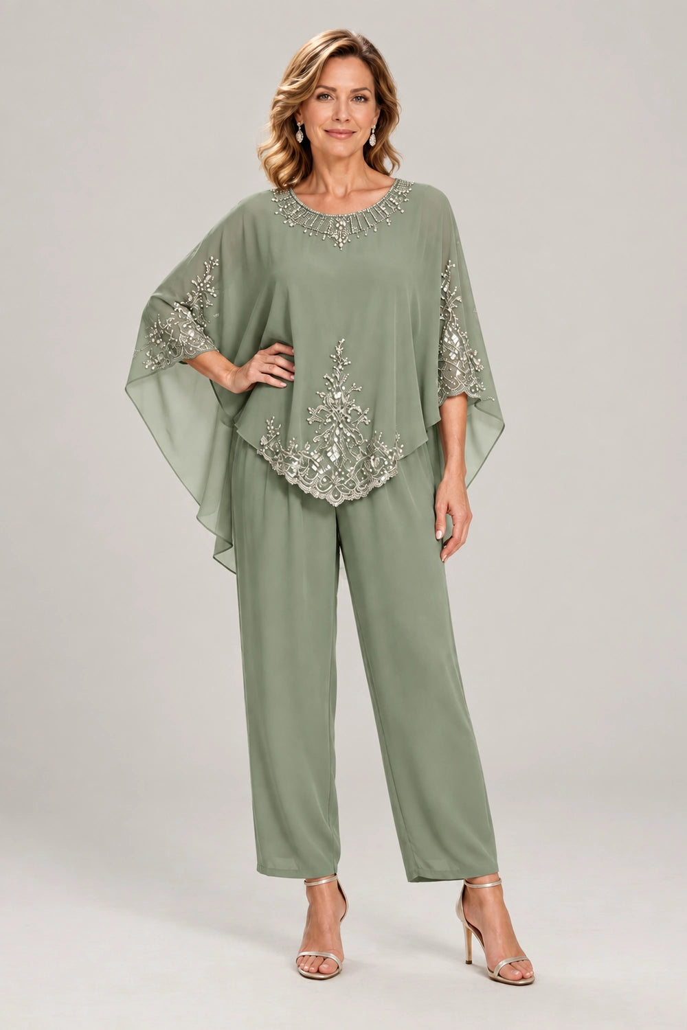 Beaded-Lace Cape-Sleeve Chiffon Pant Suit