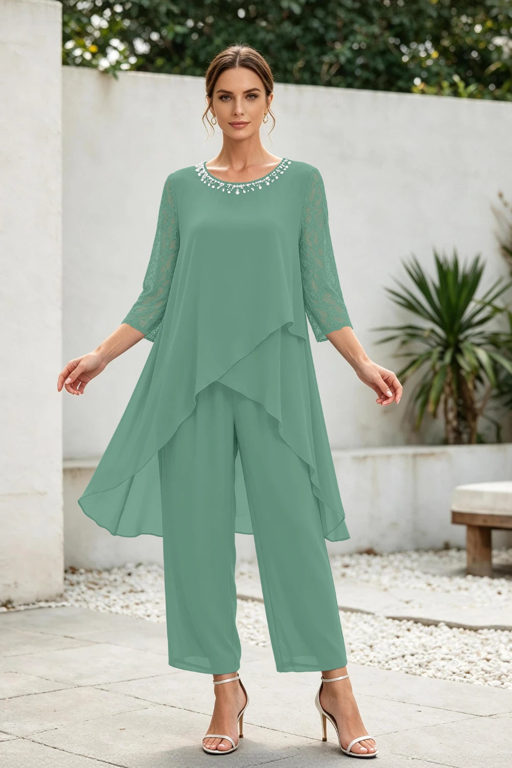 Dusty Blue Cross-Tier Lace-Sleeve Chiffon Pant Suit