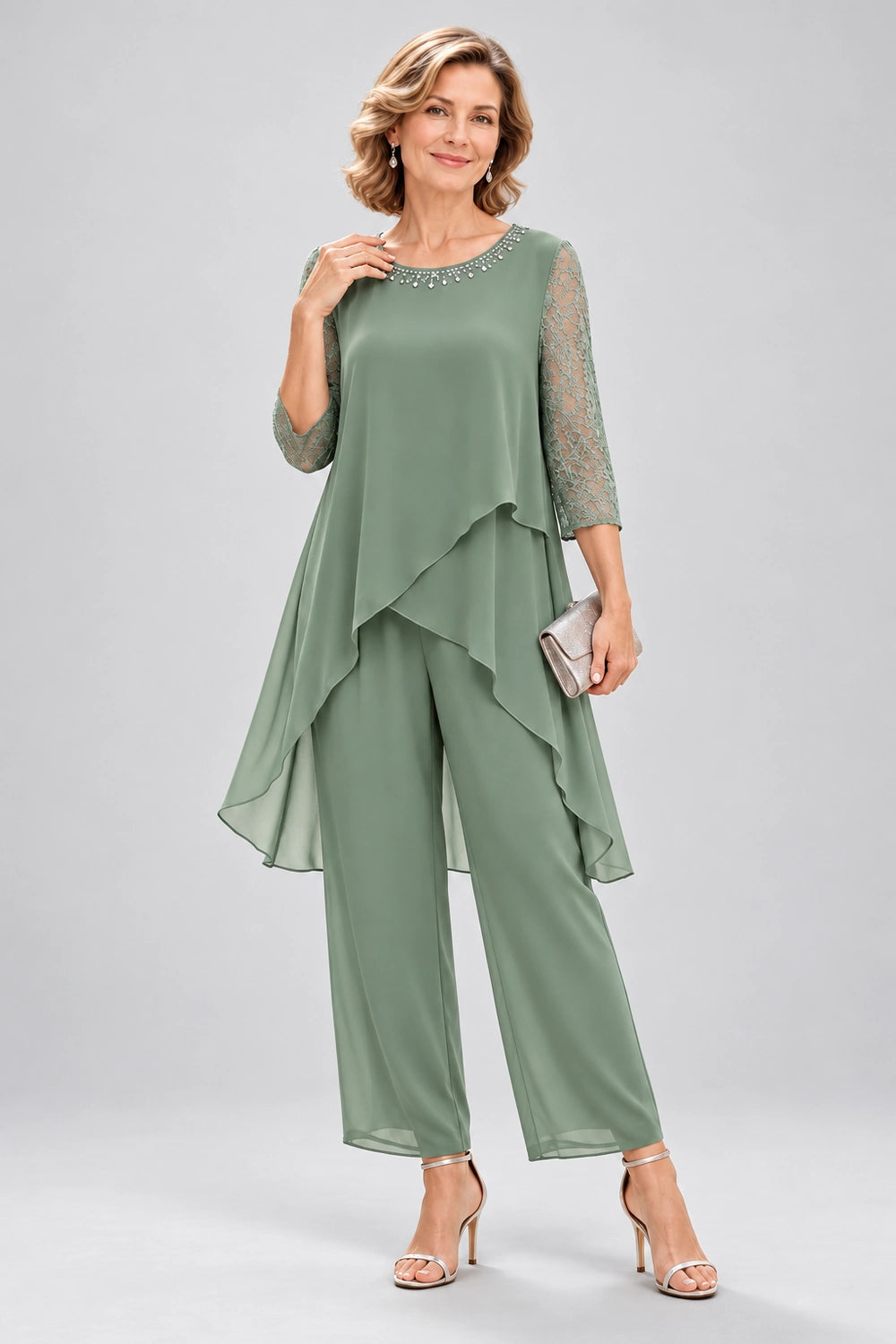 Cross-Tier Lace-Sleeve Chiffon Pant Suit