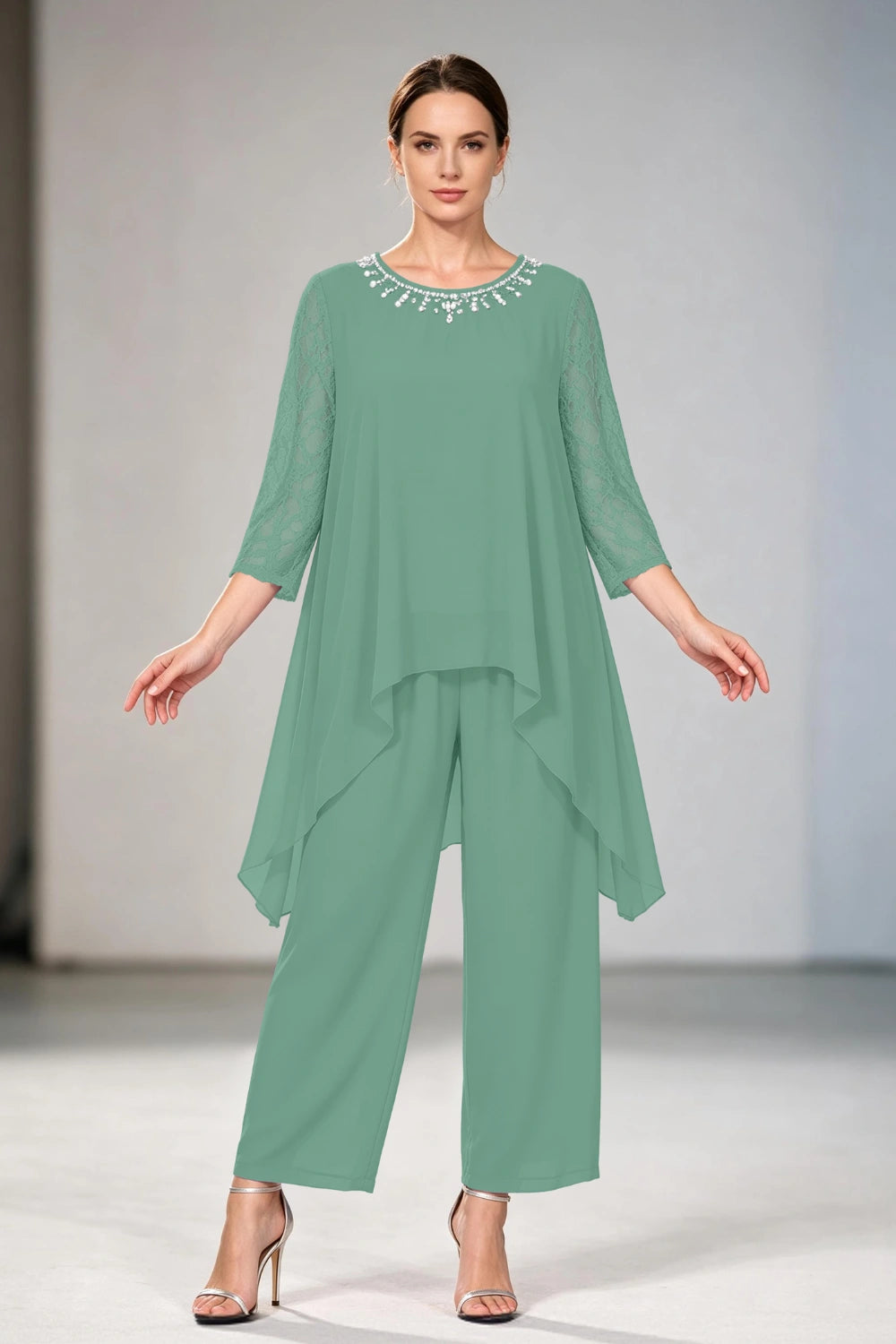 Dusty Lavender Lace-Sleeve Handkerchief-Hem Chiffon Pant Suit
