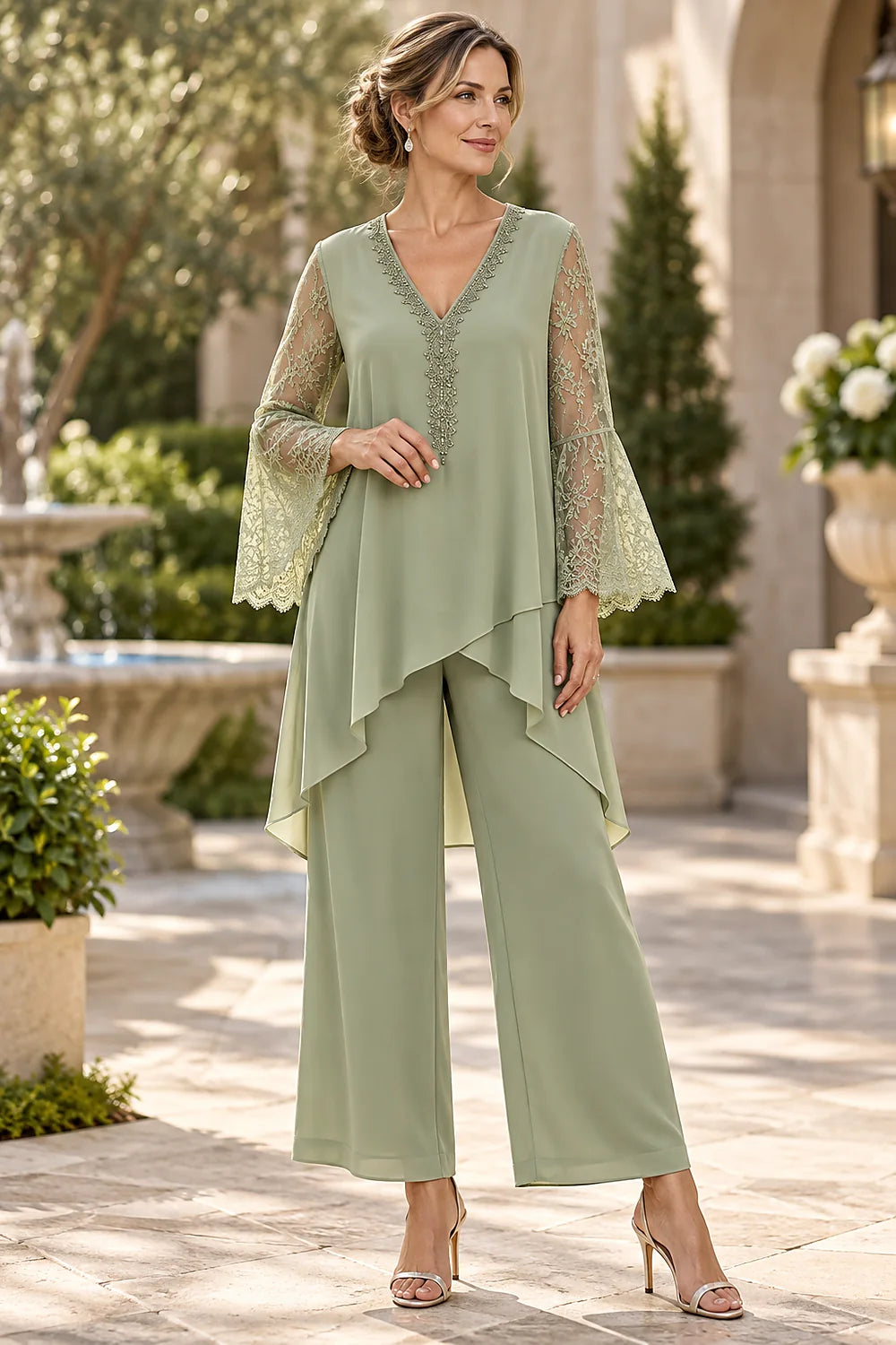 Beaded Lace V Neck Chiffon Pant Suit