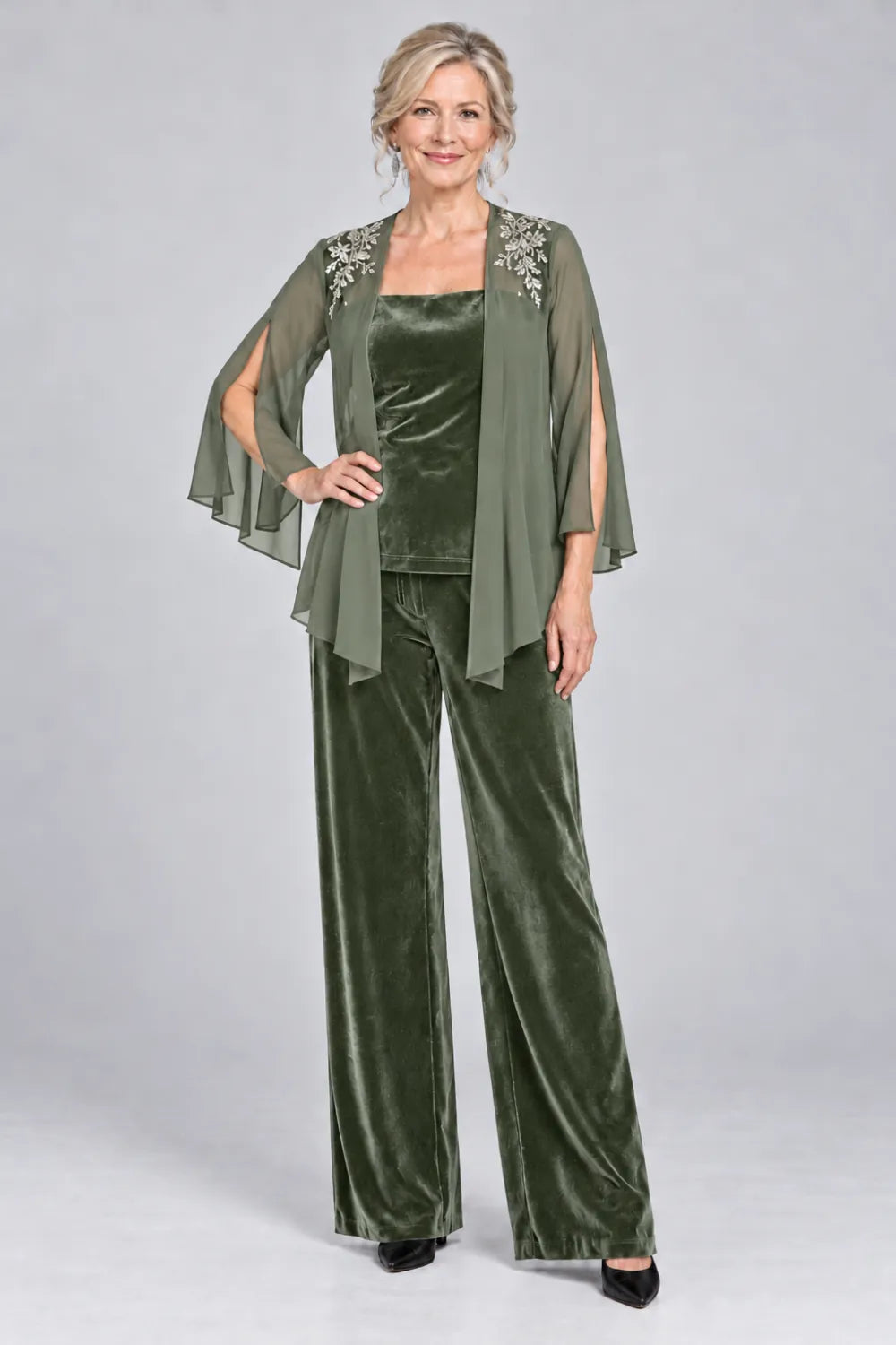 Sage Green pant suit with floral shoulder embroidery and square-neck top, front view.