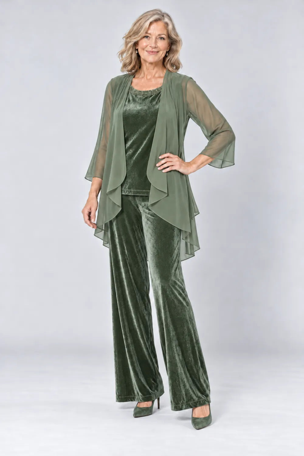 Sage Green pant suit with plain waterfall panels and rounded top neckline, front view.