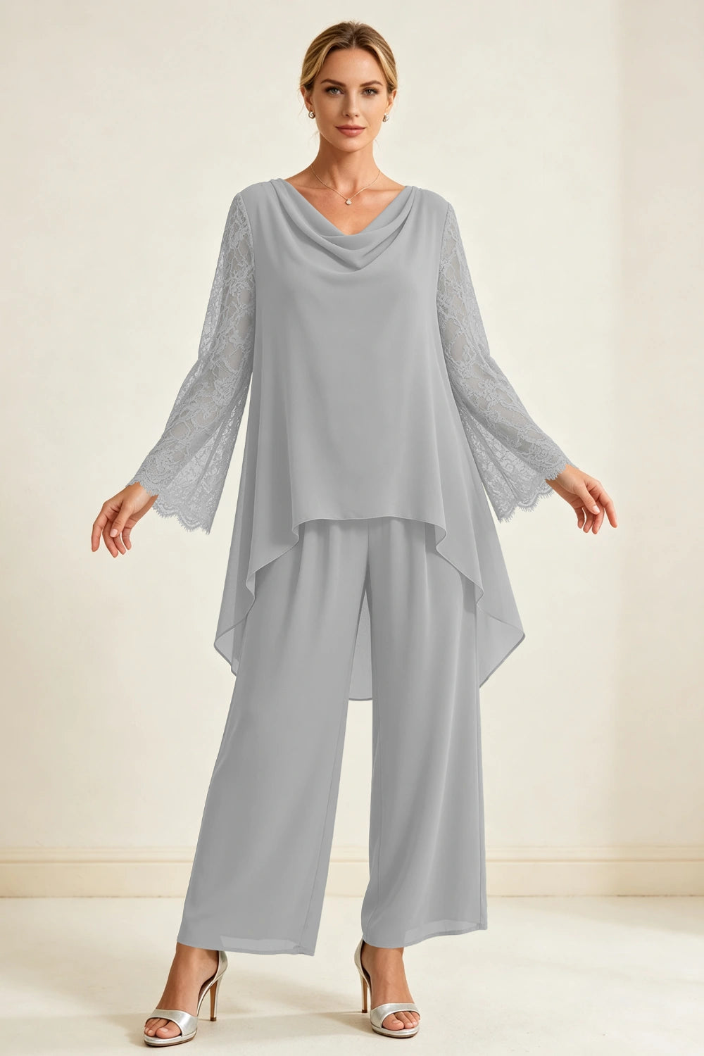 Dusty Sage Beaded Cowl Neck Chiffon Pant Suit