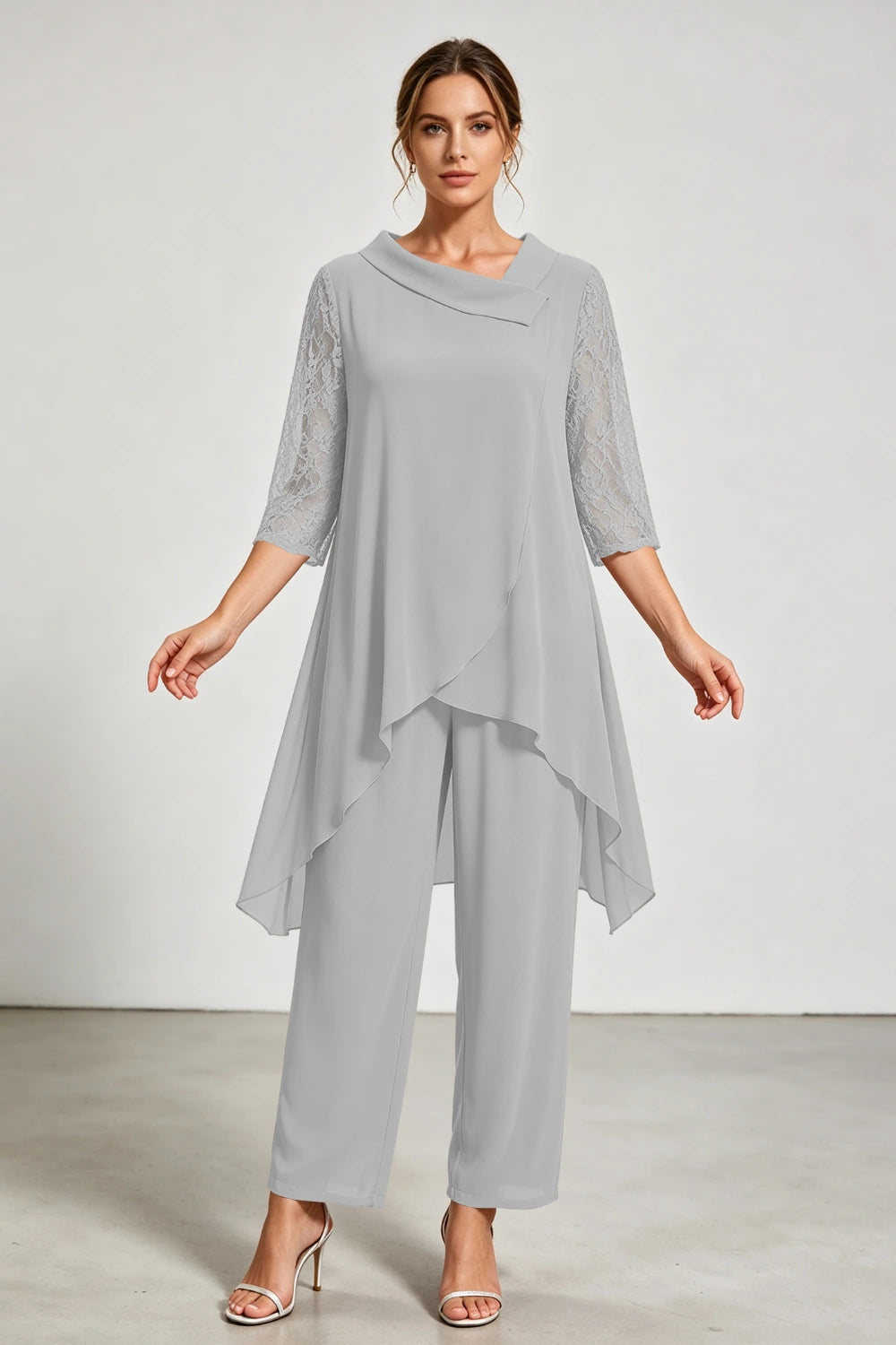Beige Beaded Neck Lace Sleeve Chiffon Pant Suit