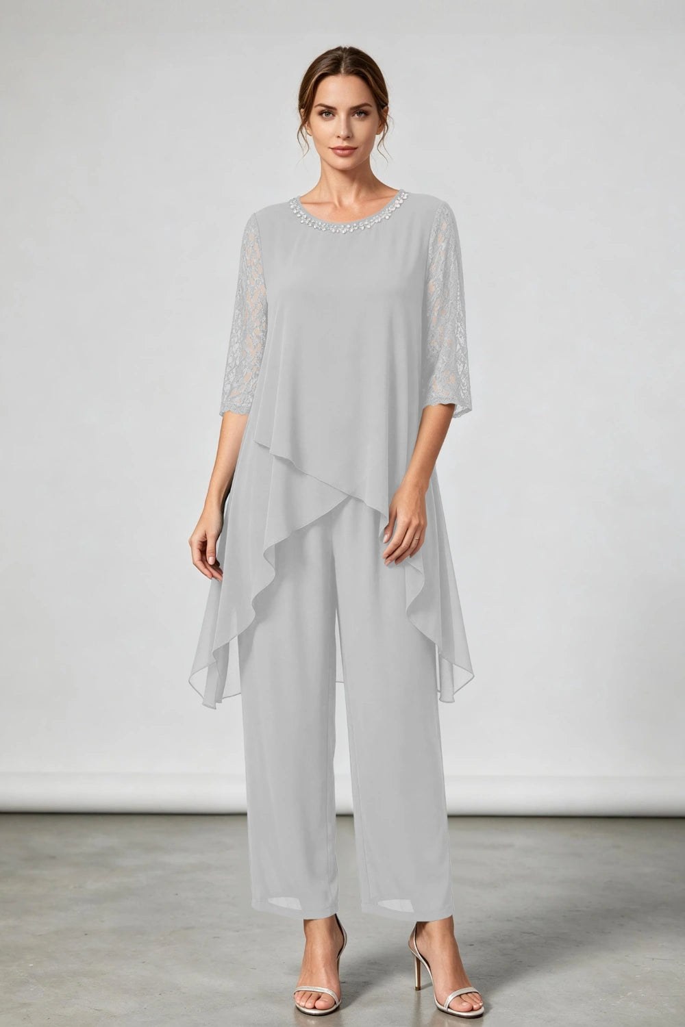 Peacock Blue Beaded-Neck Tiered Chiffon Pant Suit