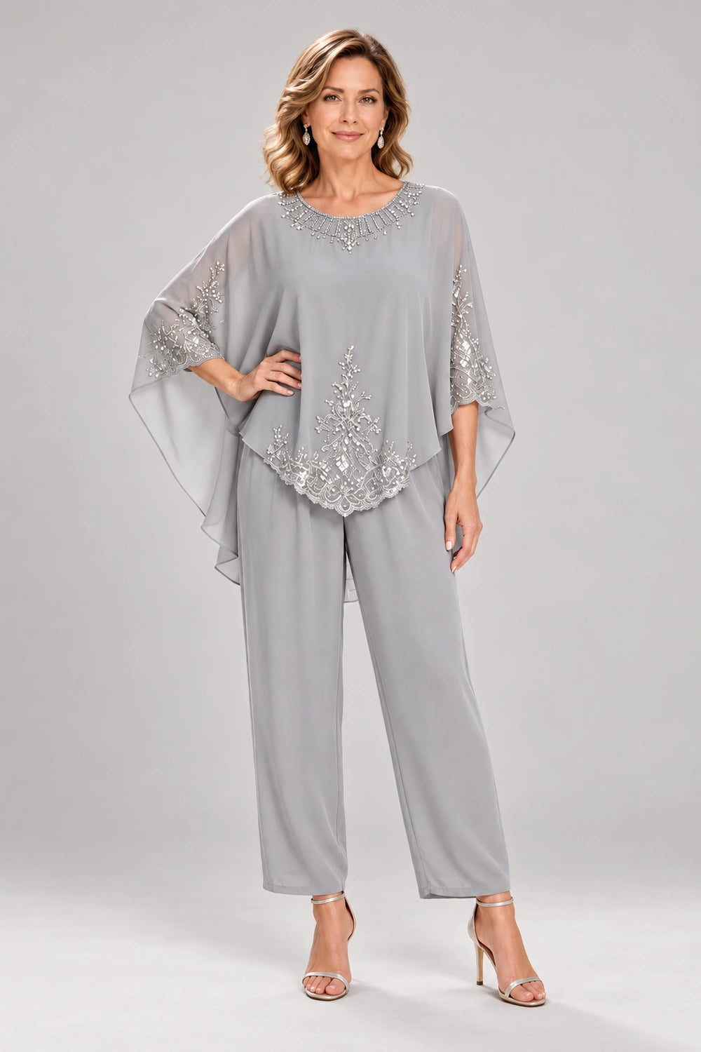 Beaded-Lace Cape-Sleeve Chiffon Pant Suit