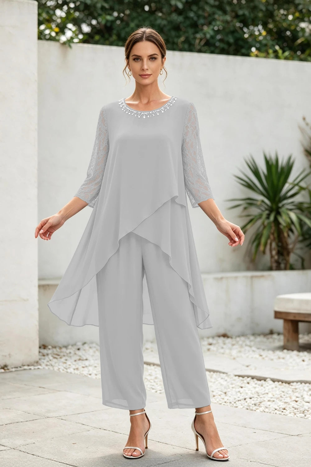 Dusty Blue Cross-Tier Lace-Sleeve Chiffon Pant Suit