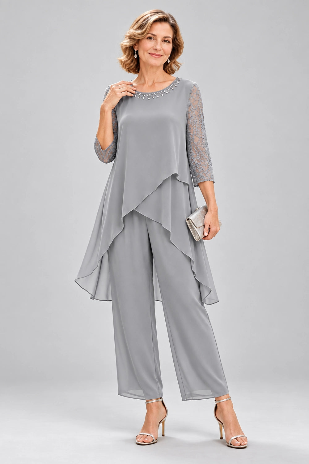 Cross-Tier Lace-Sleeve Chiffon Pant Suit