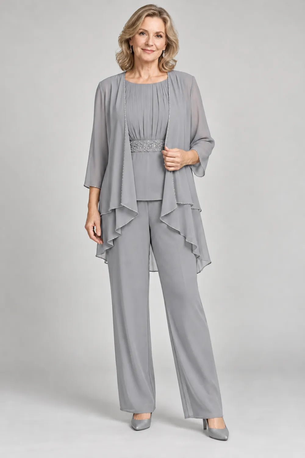 Silver Gray pant suit with gathered top and decorated horizontal waist band, front view.