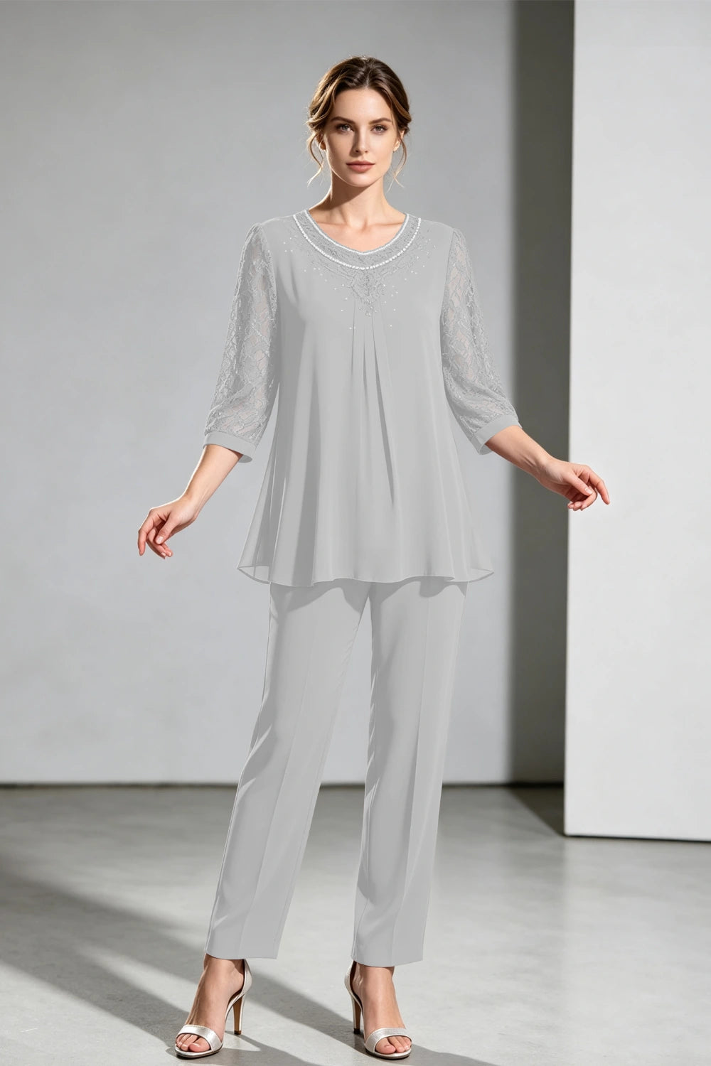 Navy Beaded-Neck Lace-Sleeve Chiffon Pant Suit