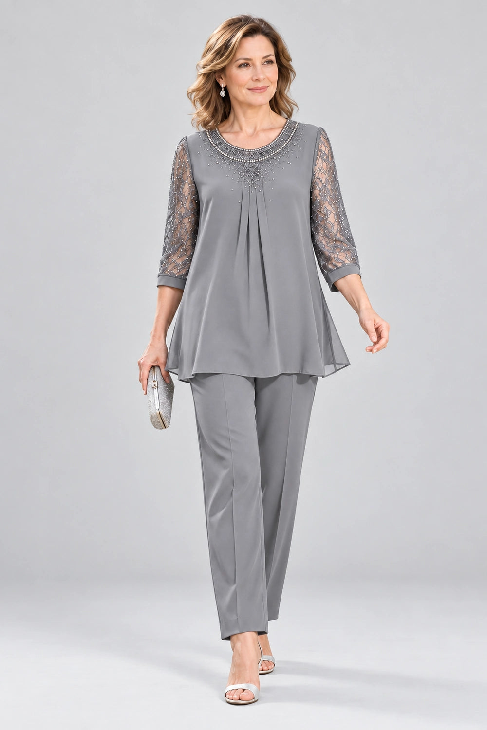 Beaded-Neck Lace-Sleeve Chiffon Pant Suit