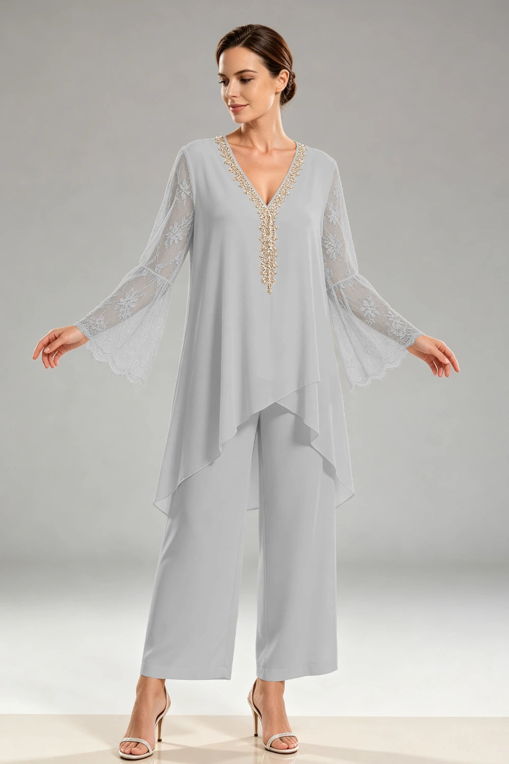 Ivory Beaded Lace V Neck Chiffon Pant Suit