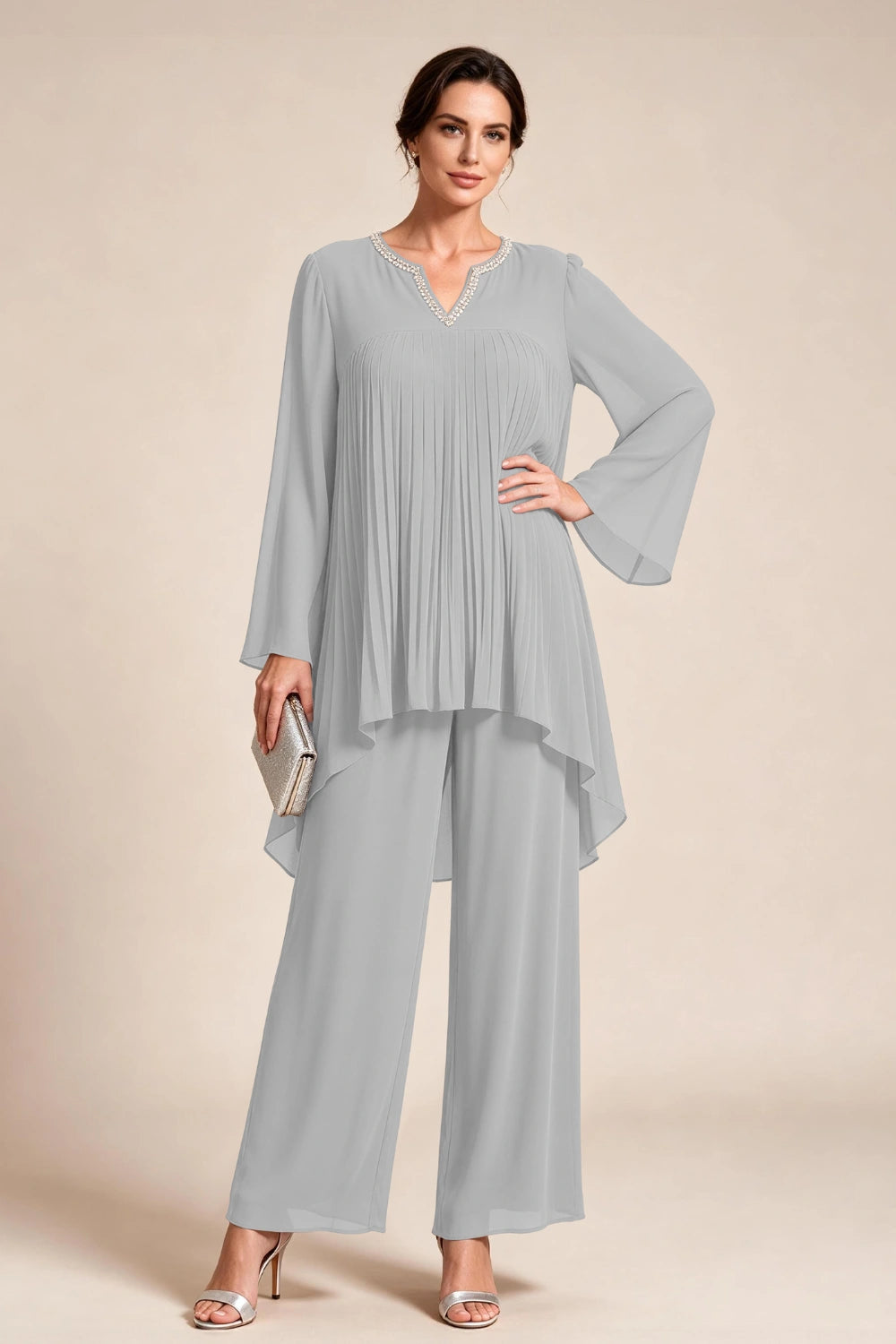 Beige Pleated-Bodice Chiffon Pant Suit