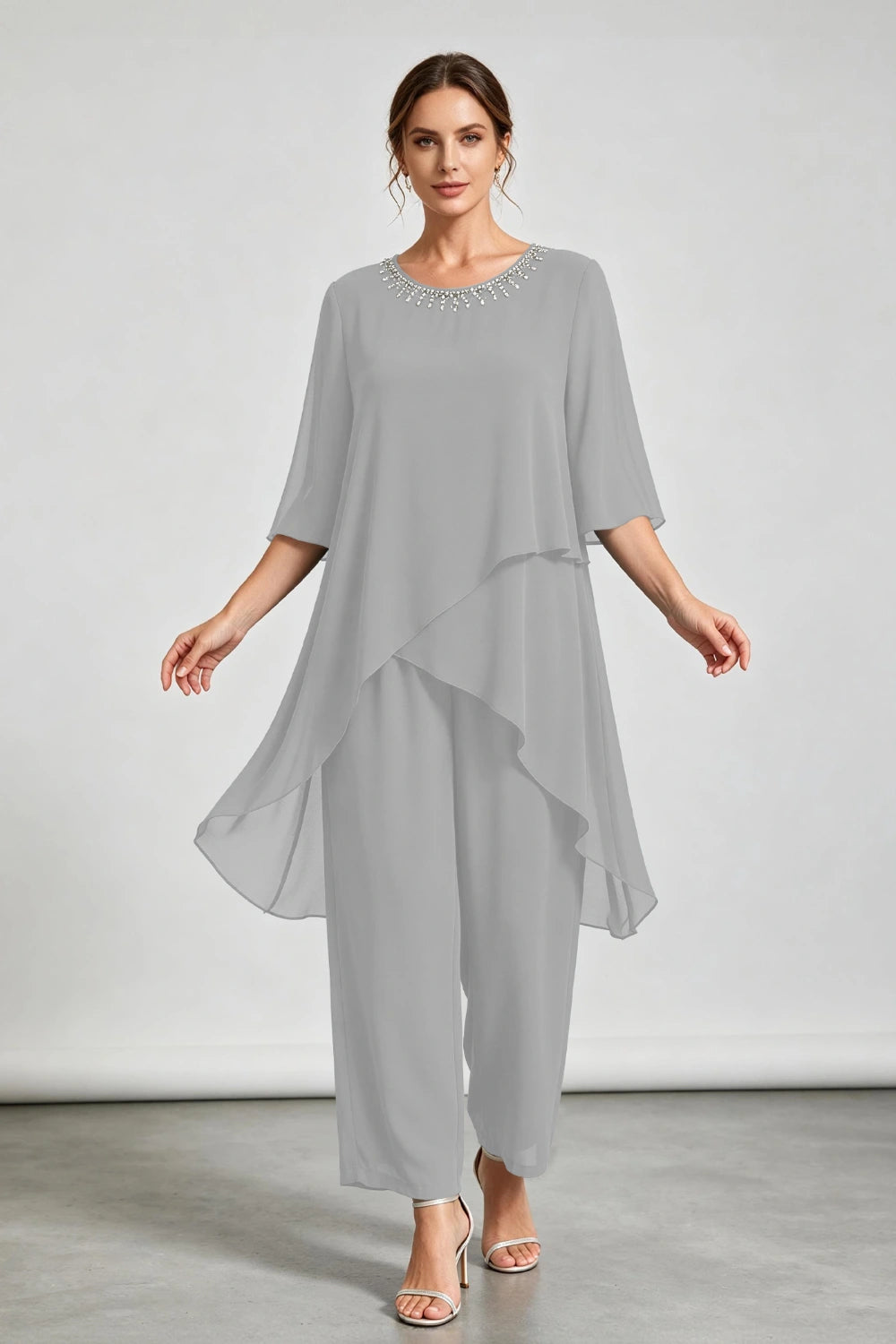Peacock Blue Asymmetric Ruffle Chiffon Pant Suit