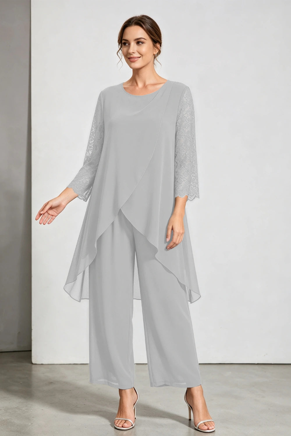 Peacock Blue Scoop Neck Tiered Chiffon Pant Suit