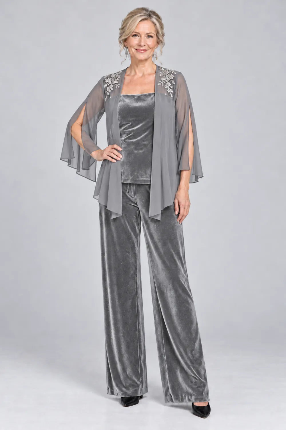 Silver Gray pant suit with floral shoulder embroidery and square-neck top, front view.
