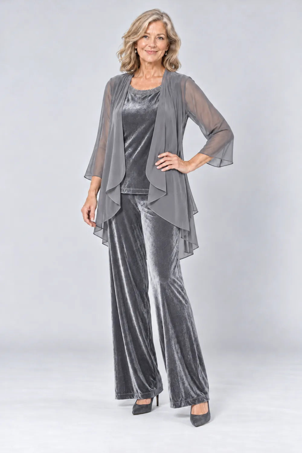 Silver Gray pant suit with plain waterfall panels and rounded top neckline, front view.