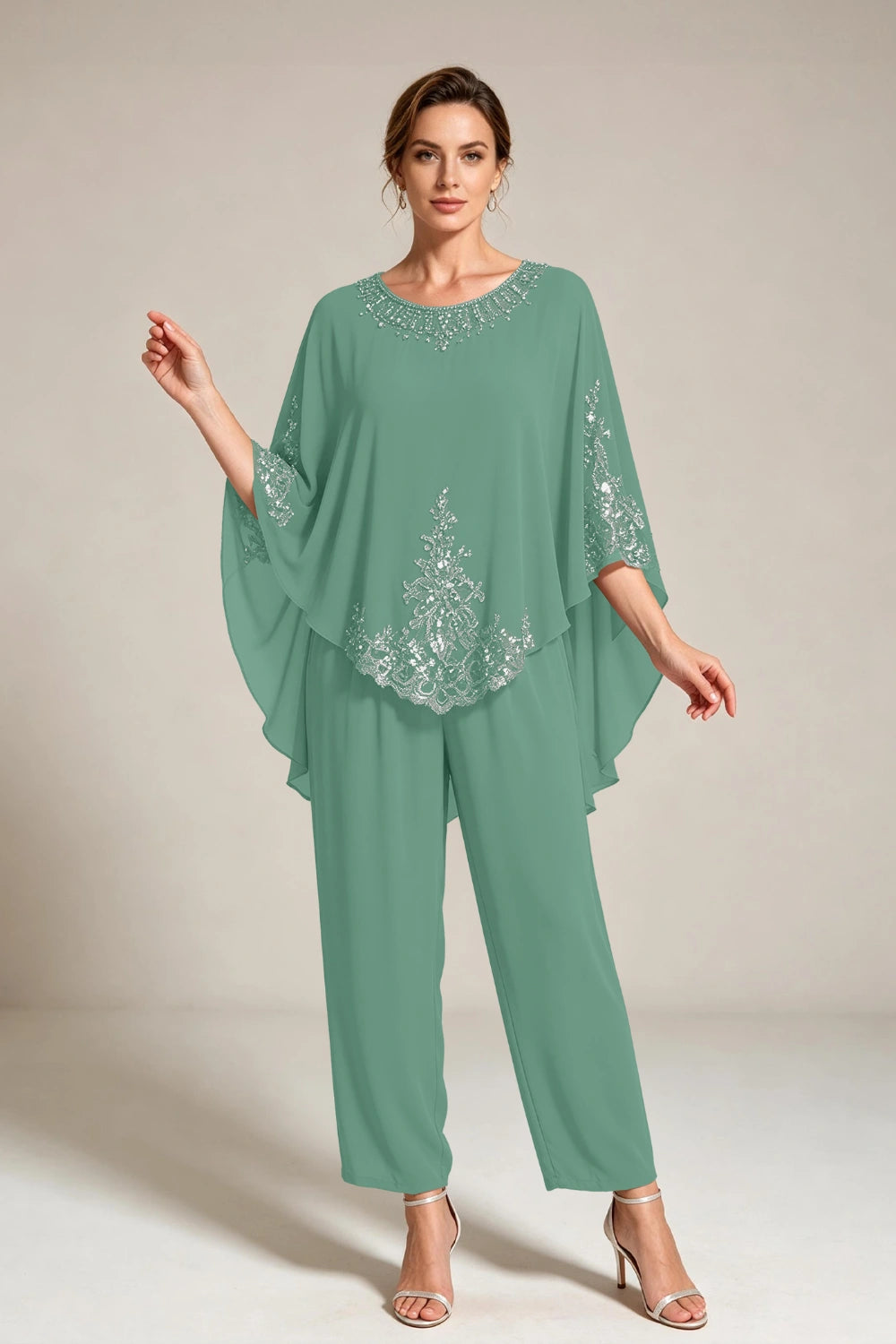 Beige Beaded-Lace Cape-Sleeve Chiffon Pant Suit