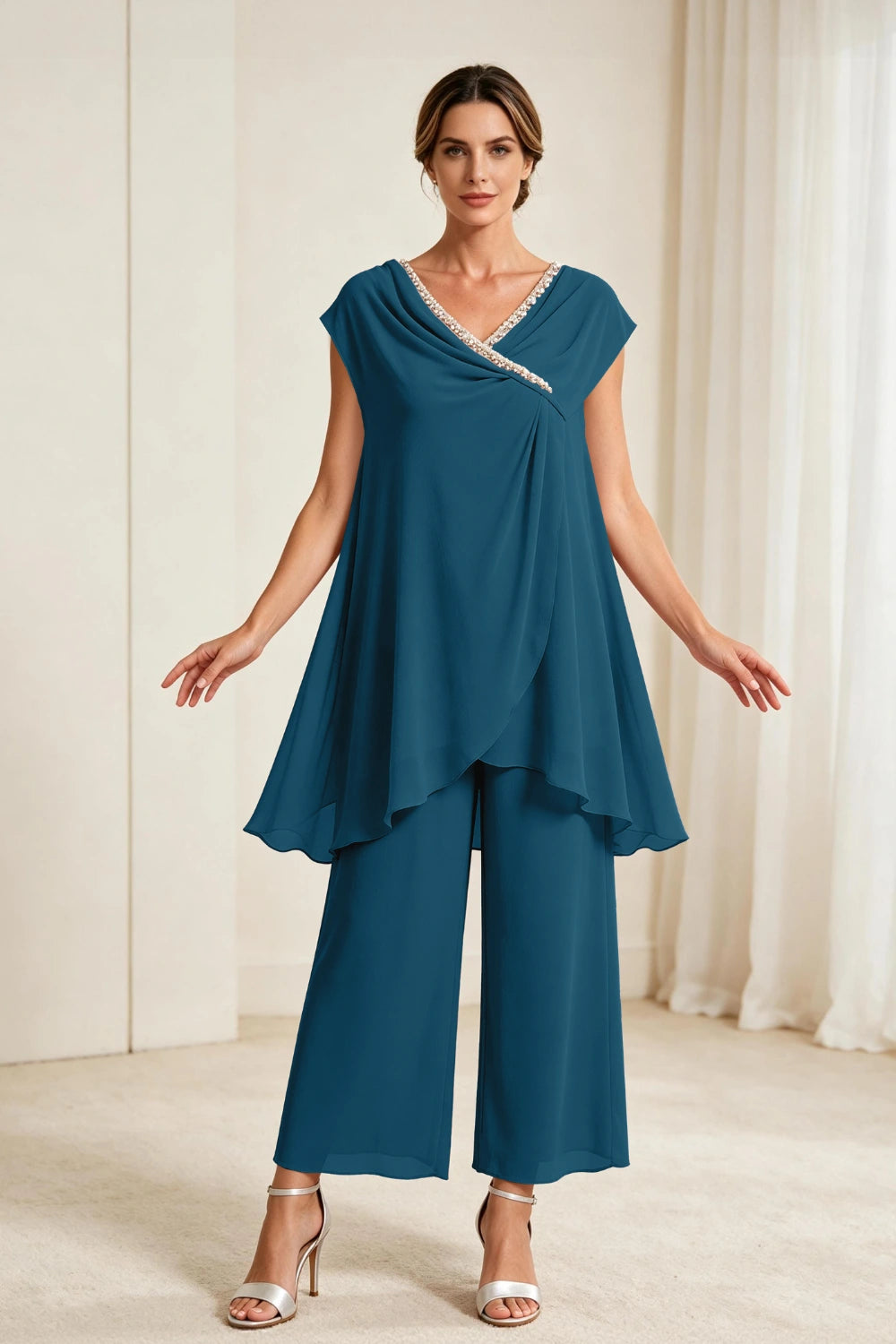 Dusty Rose Draped Asymmetric Chiffon Pant Suit