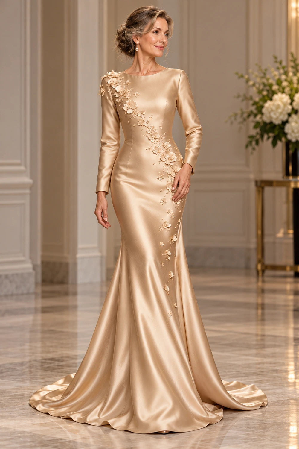 Champagne Long Sleeve Satin Mermaid Mother of Bride Dress