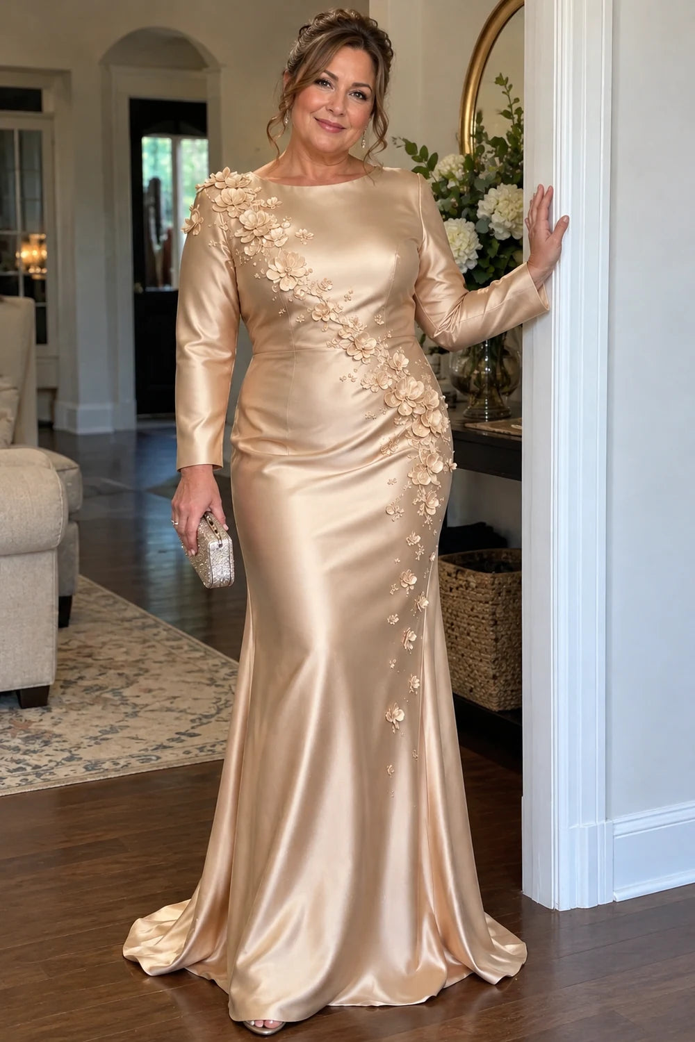 Champagne Long Sleeve Satin Mermaid Mother of Bride Dress