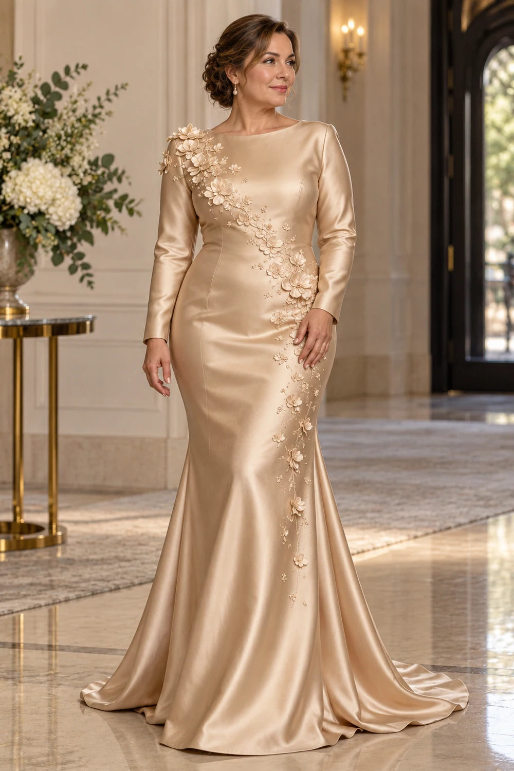 Champagne Long Sleeve Satin Mermaid Mother of Bride Dress
