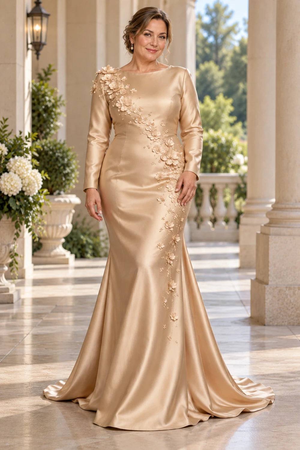Champagne Long Sleeve Satin Mermaid Mother of Bride Dress