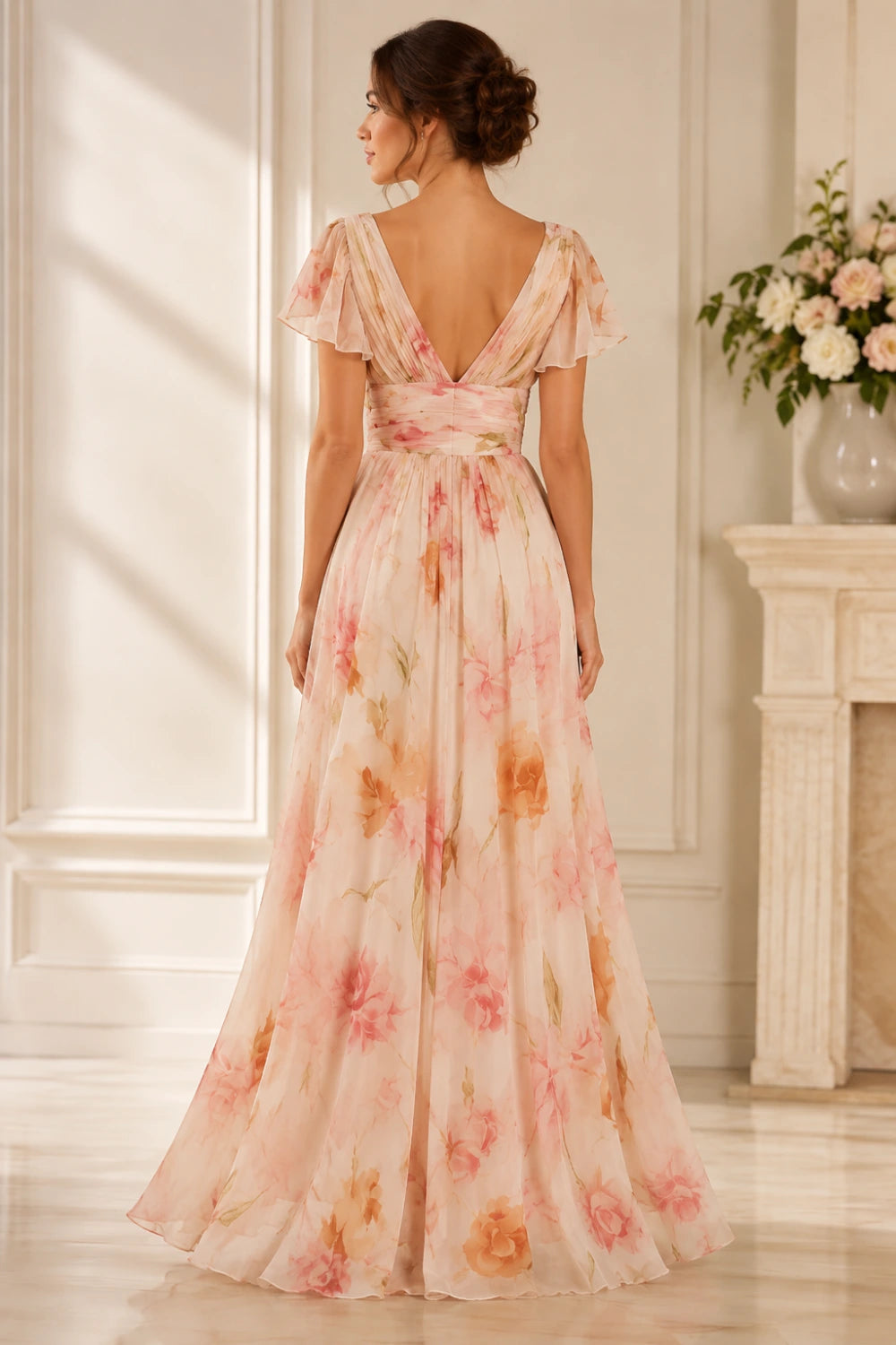 Blush Floral Deep-V Flutter-Sleeve Chiffon Maxi Dress