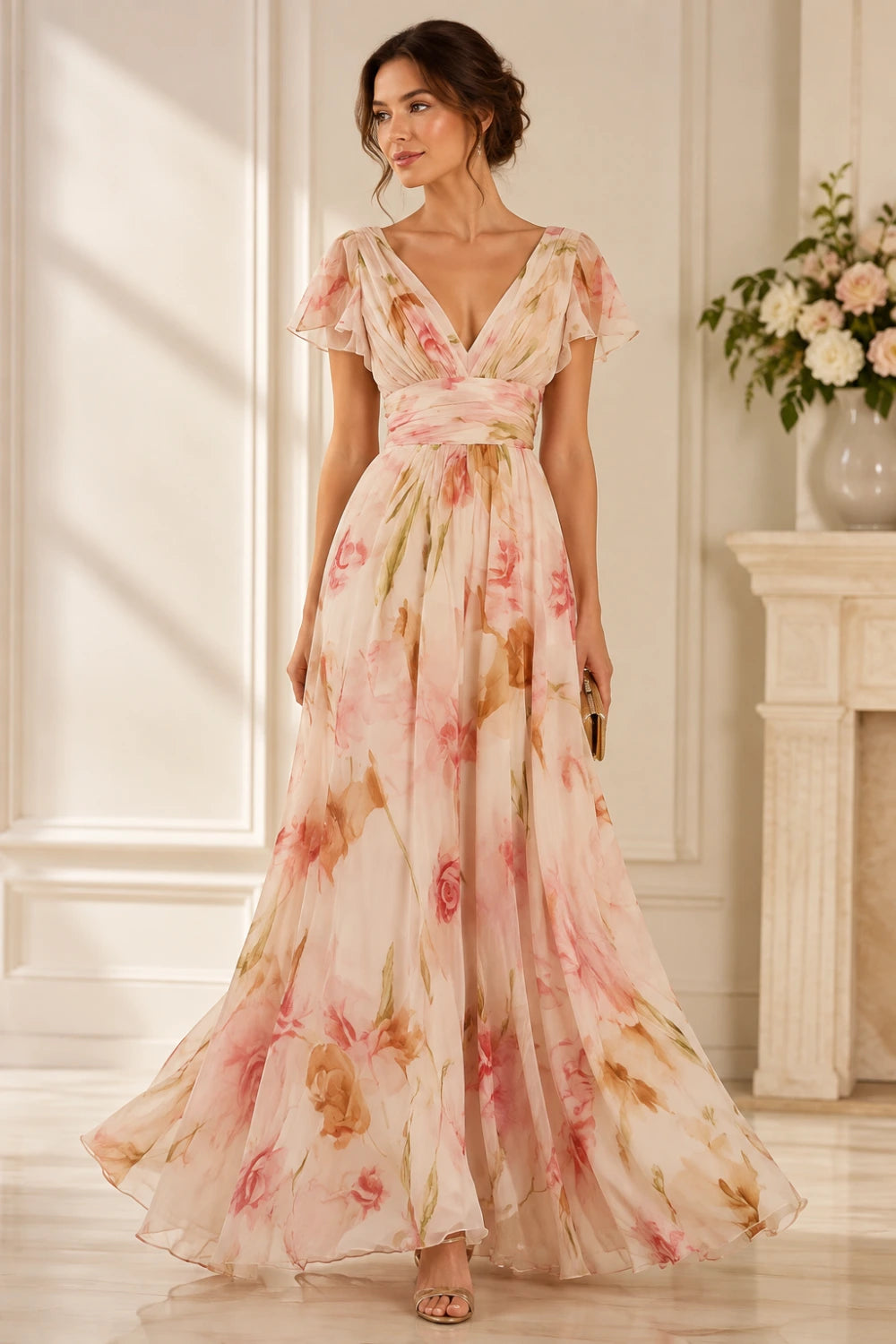 Blush Floral Deep-V Flutter-Sleeve Chiffon Maxi Dress