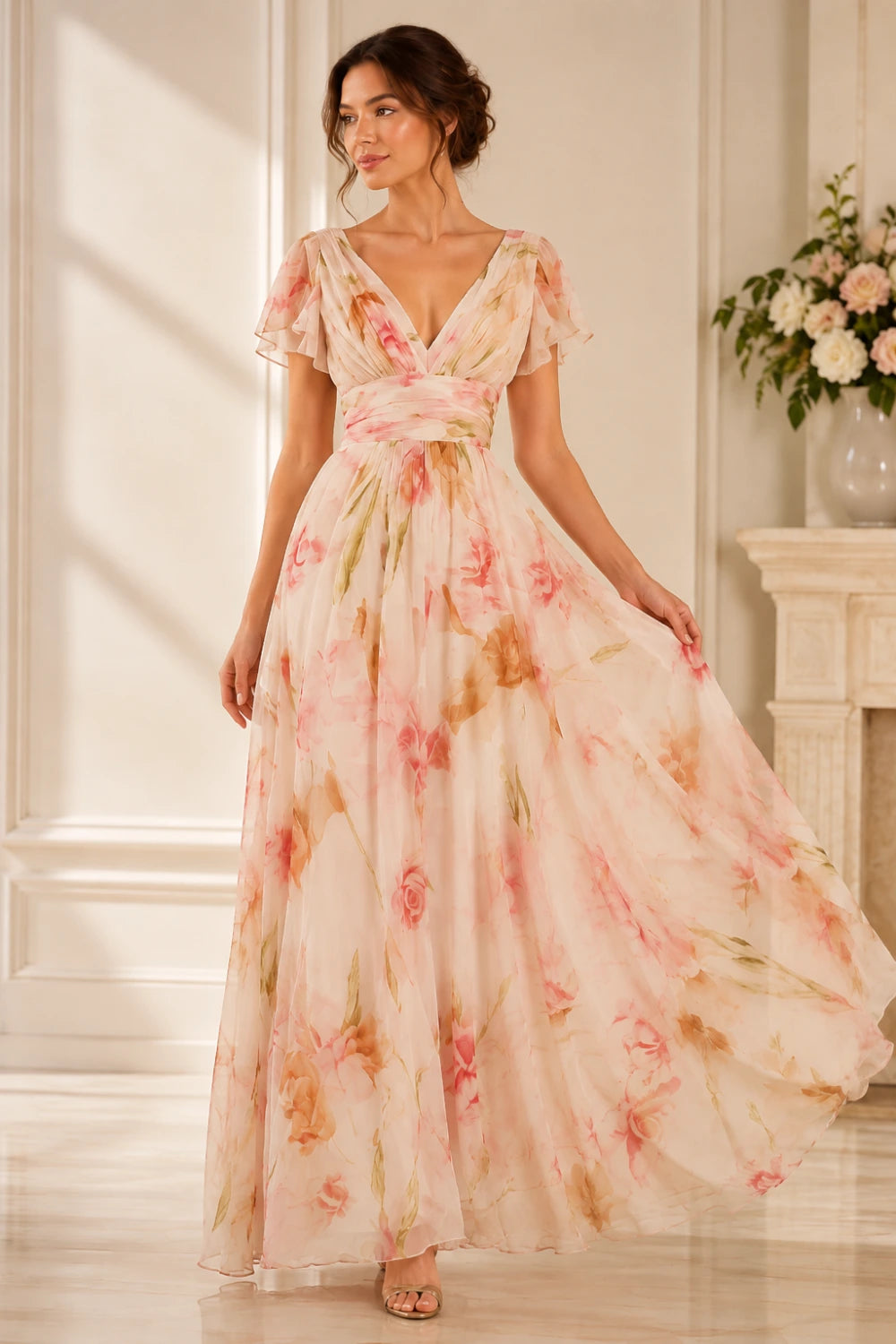Blush Floral Deep-V Flutter-Sleeve Chiffon Maxi Dress