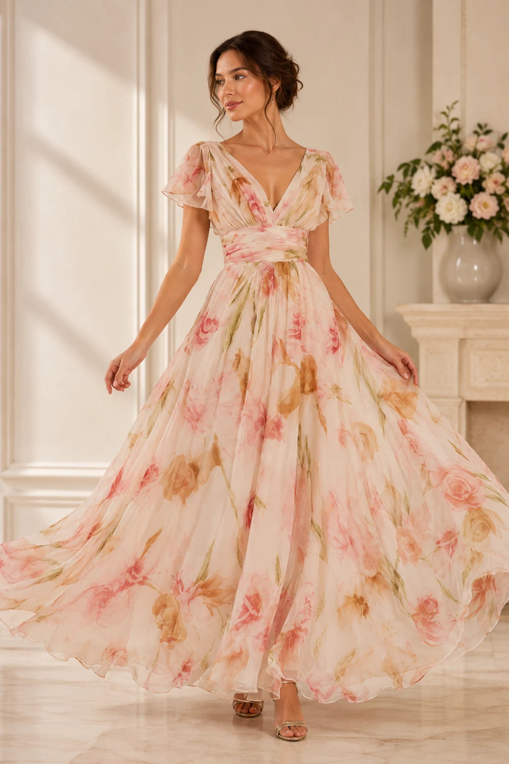 Blush Floral Deep-V Flutter-Sleeve Chiffon Maxi Dress