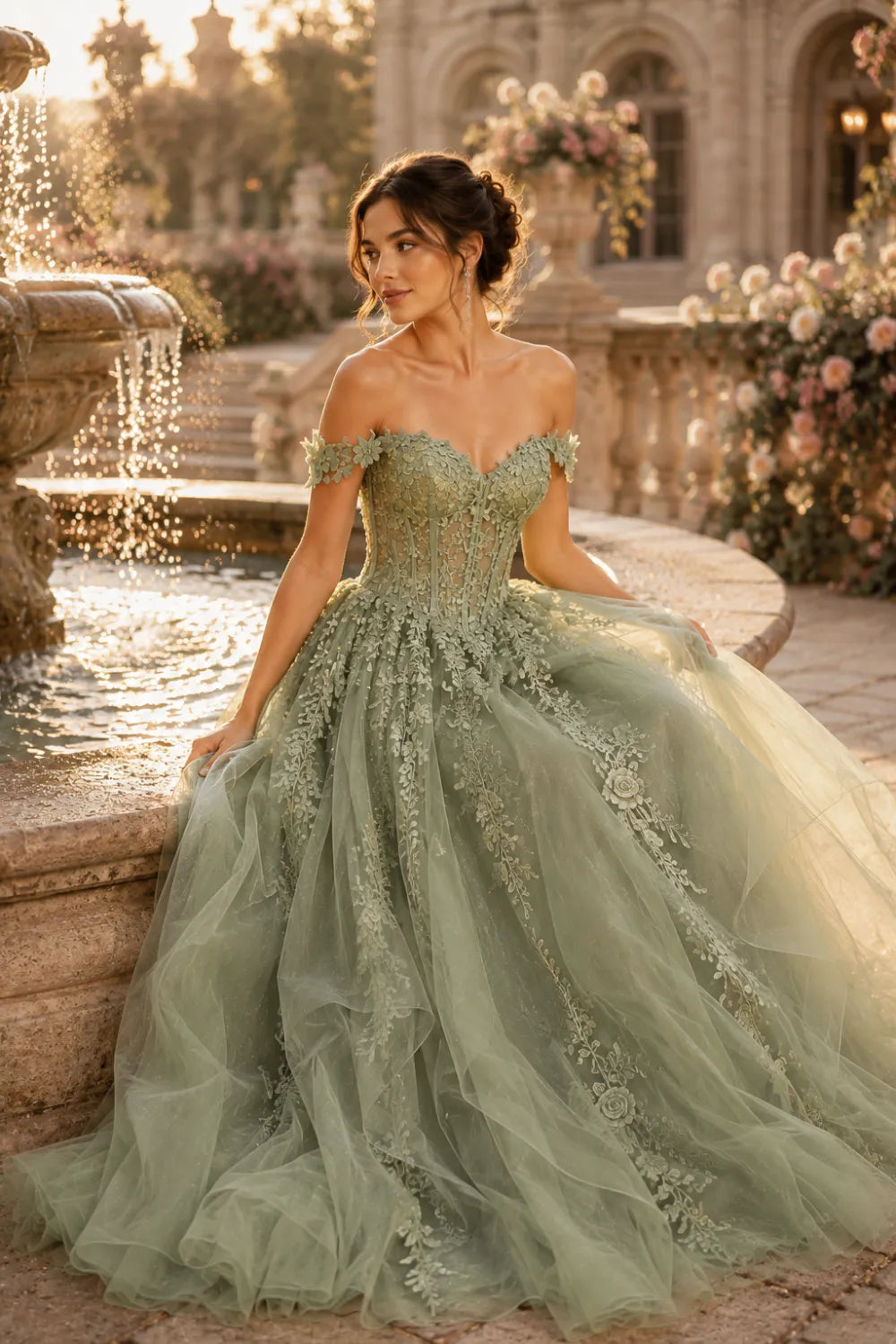 Off Shoulder Sage Green Prom Dress